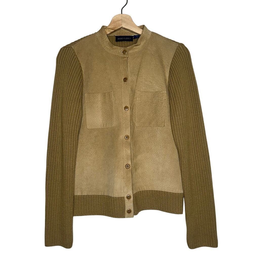 Anne Klein Vintage Wool & Suede Leather Cardigan Sweater Jacket Tan Brown Small